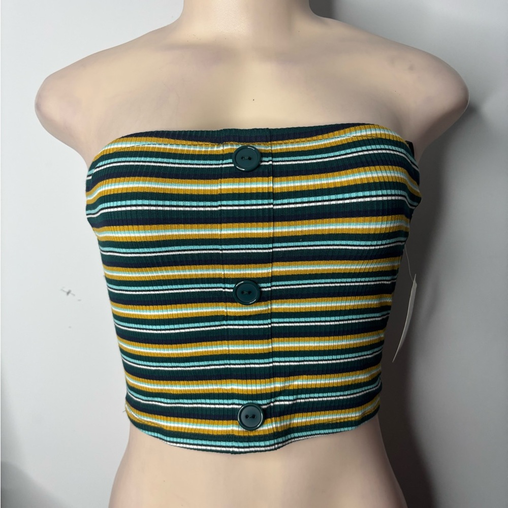 Striped Strapless Button-Front Crop Top in Green and Mustard